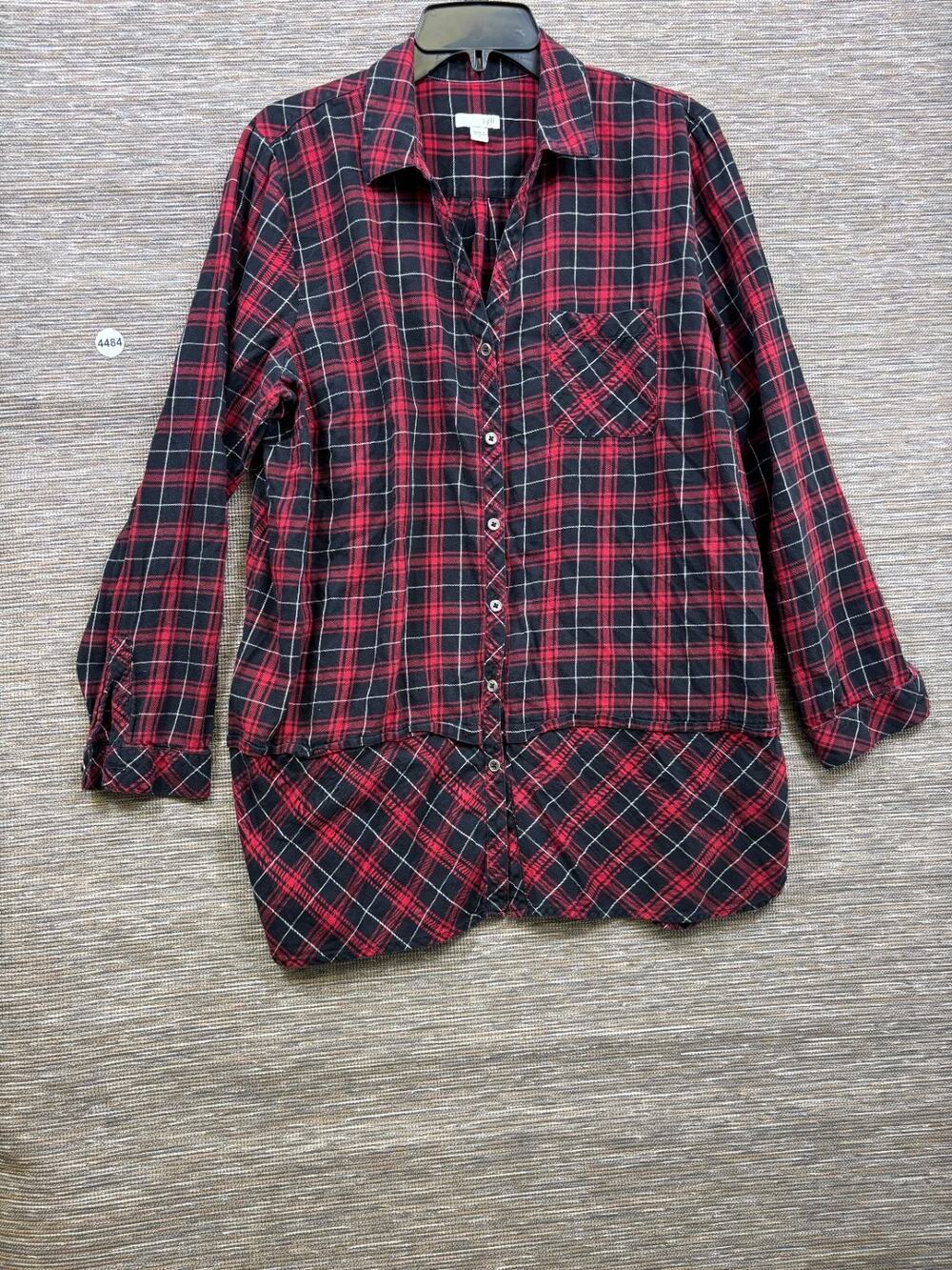 J Jill Women's Mixed Plaid Button Down Tunic Top Size XL Red Black Long Sleeve